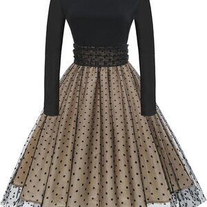 Women Vintage 50s 60s Polka Dot Long Sleeve A-line Swing Dress Casual